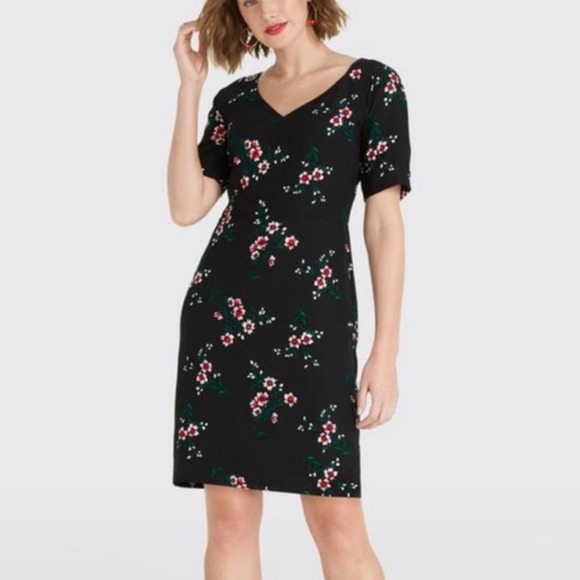 DRAPER JAMES Dress Black Floral Printed Crepe V-Neck Dress Party Cocktail SZ 10 - Picture 3 of 15